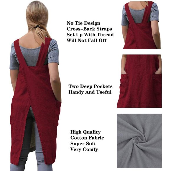 Cotton Linen Apron Cross Back Apron for Women with Big Pockets Square Pinafore D - Picture 4 of 7